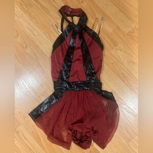 kelle dance costume red halter neck leo with black leather detailing